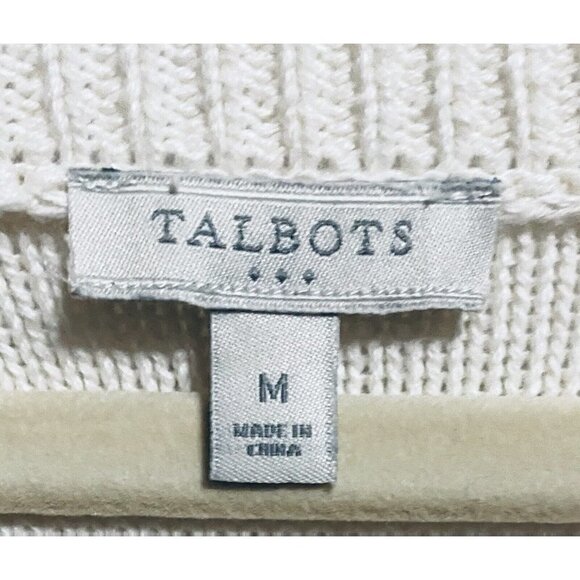 Talbots Womens Medium Ivory Crewneck Pullover Sweater Navy Blue Accents Cotton - Picture 4 of 6